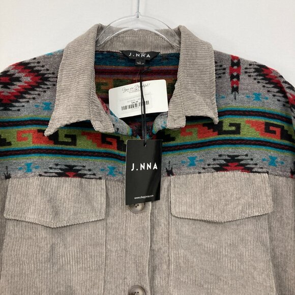 New J. NNA Large Gray Corduroy Tribal Southwestern Print Oversized Shirt Jacket - Picture 4 of 9